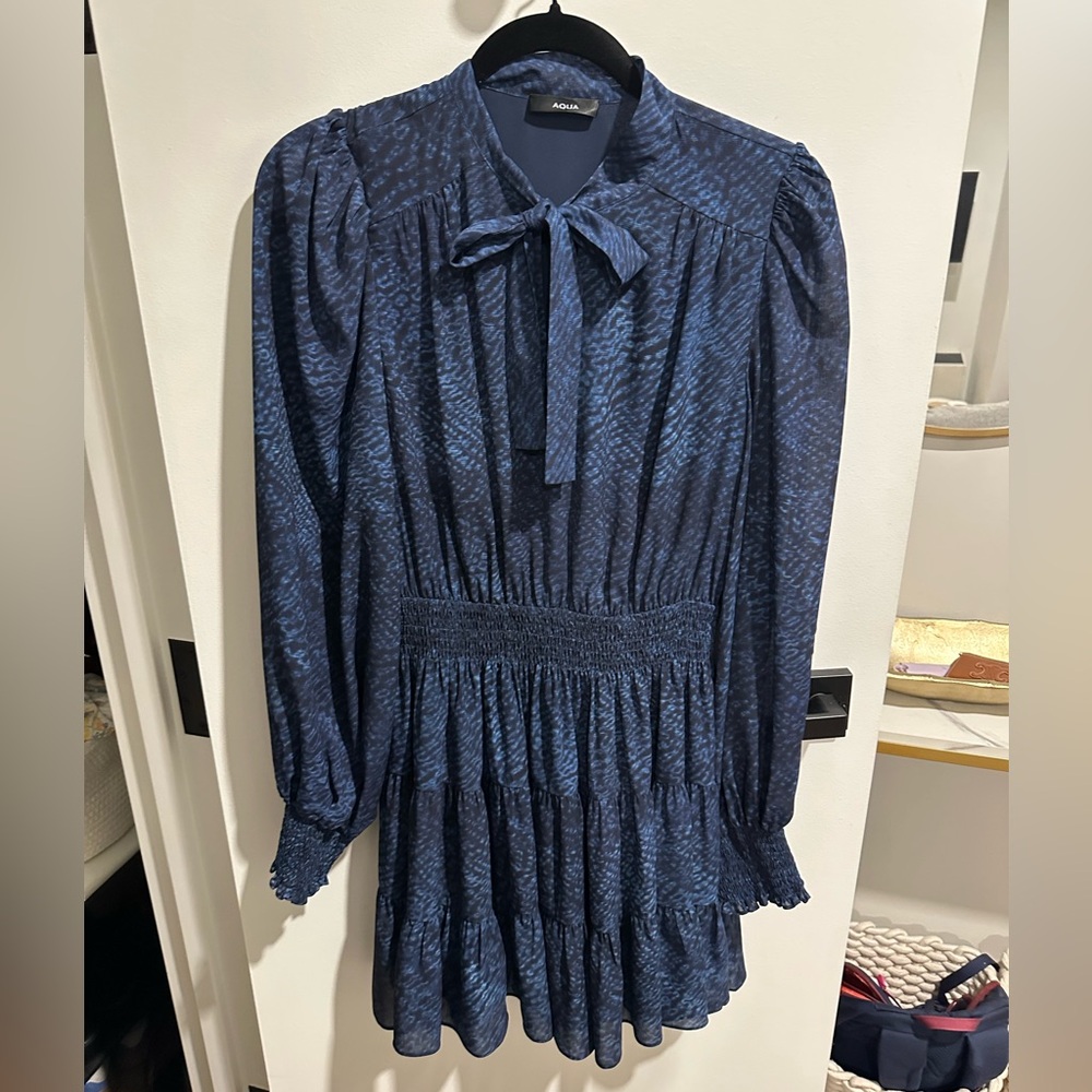 Aqua Navy Blue Tie-Neck Long Sleeve Smocked Waist Dress